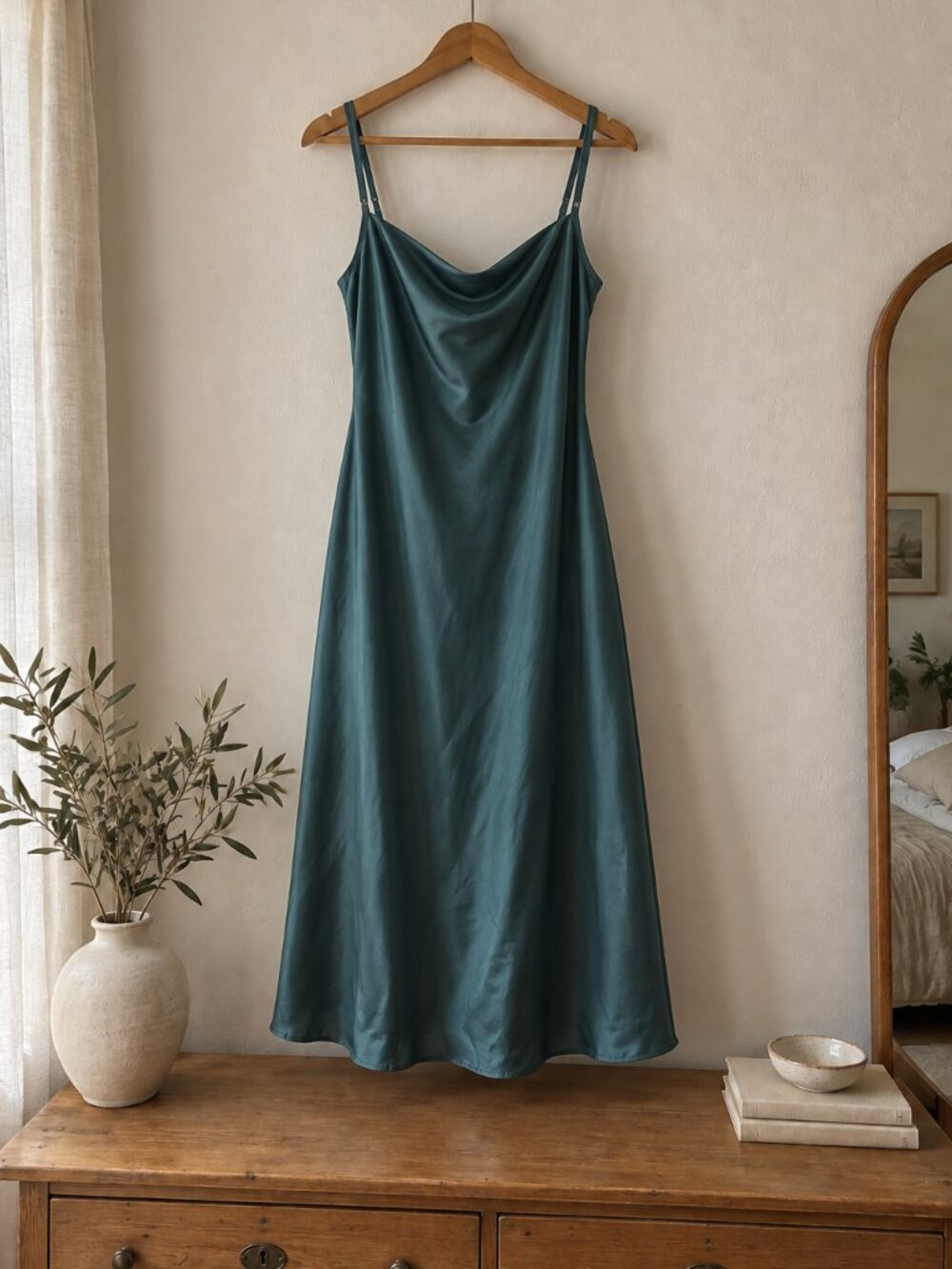 Teal Satin Cowl Neck Midi Slip Dress Adjustable Straps Elegant Evening